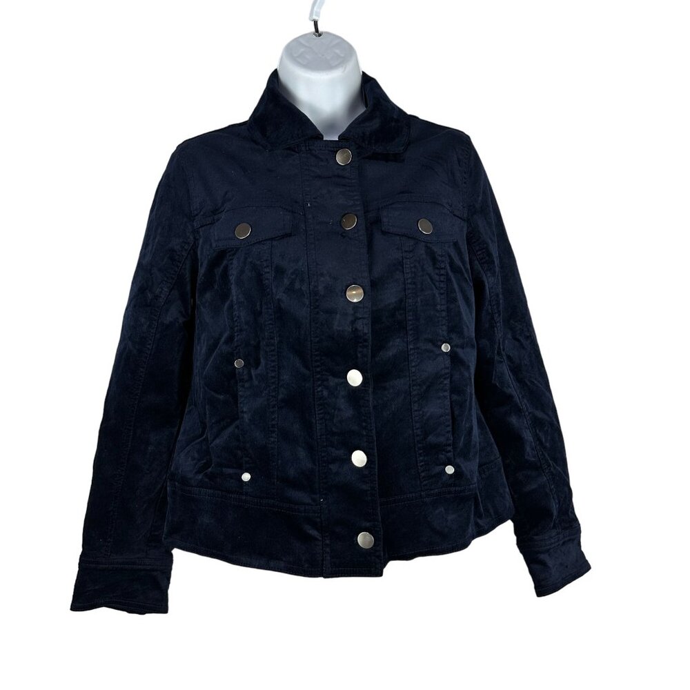 Chicos Womens Velvet Jacket Size 4 Blue Cotton/Spandex Blend Button Front